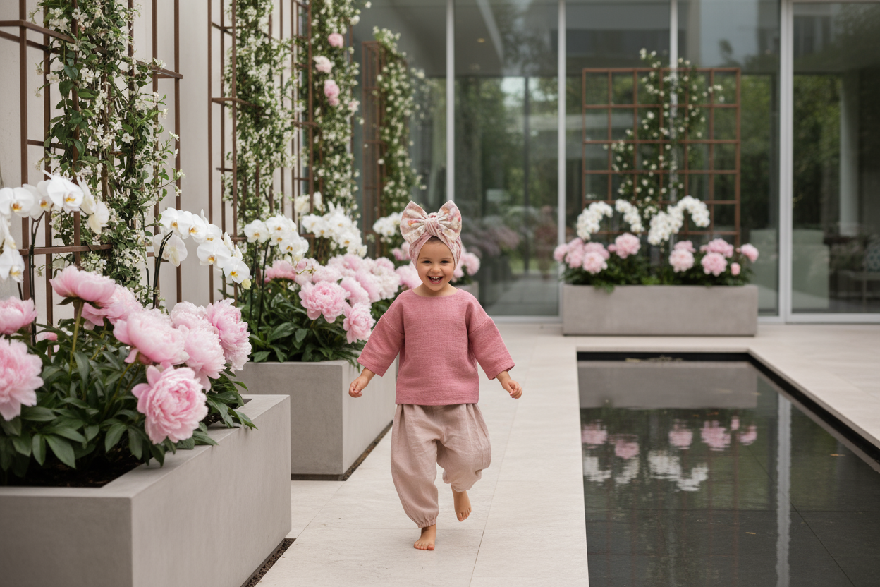 A 5 year old child in a pink jut pink and nude , around a flower garden play around with her beautiful turbant bow floral pink modern light babe pink , modern place rich minimalistic  Rich modern 