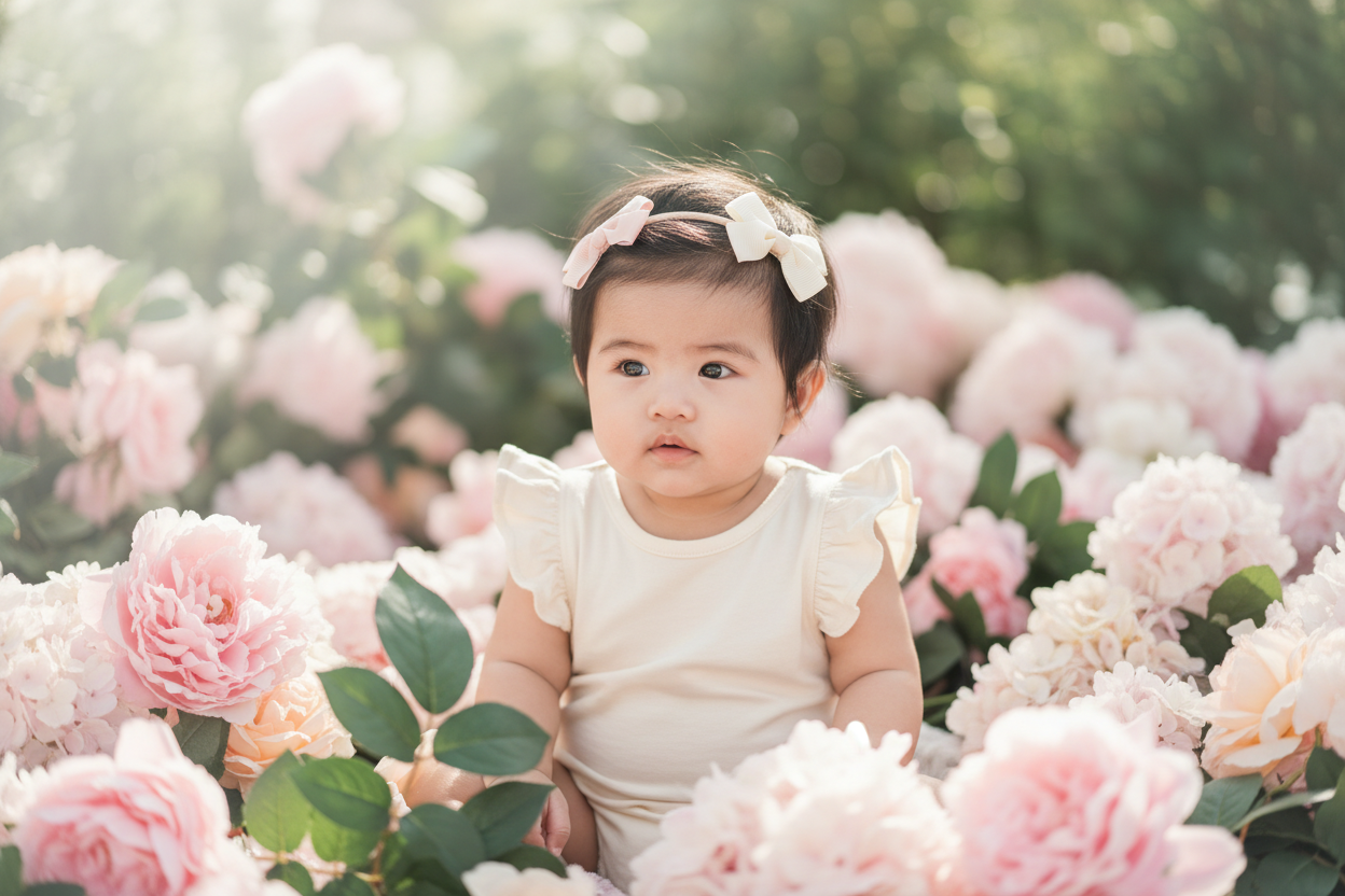 A Malaysian baby girl with a 2 bows in her head, in a green garden with pin flower, soft colours moder