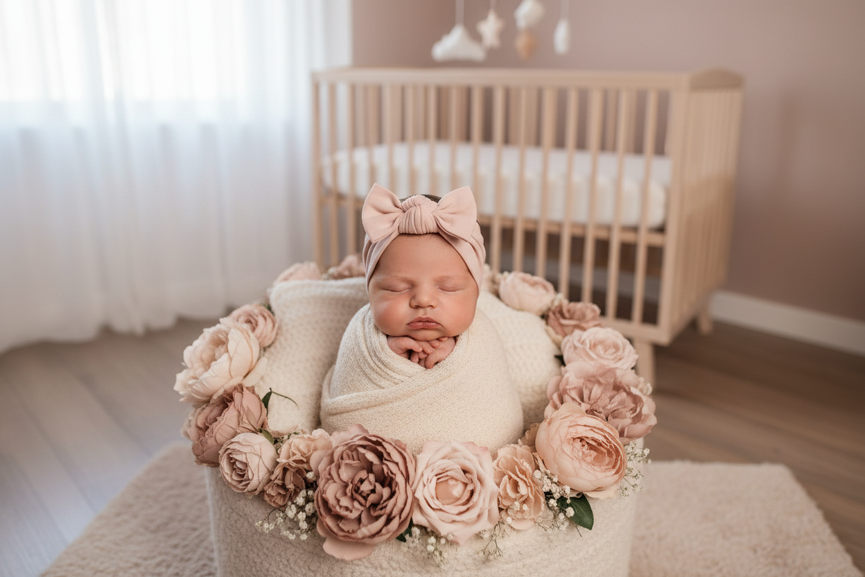 A real newborn with a small headband turban bow in her head, make it realistic, modern cute cute rich environment she is sleeping put pinl flower decorection nude moder professional photo 